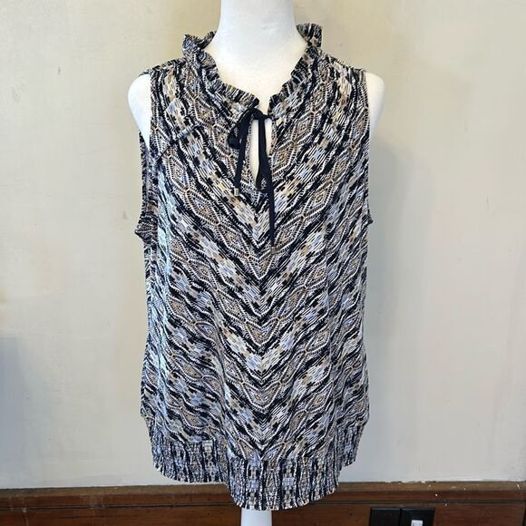 WHBM blue white patterned ruffle neck sleeveless blouson blouse Size L EUC - Picture 1 of 10